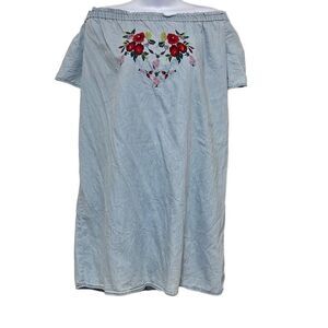 Iris Womens 1X Chambray Off Shoulder Mini Dress Blue Embroidered Short Sleeve